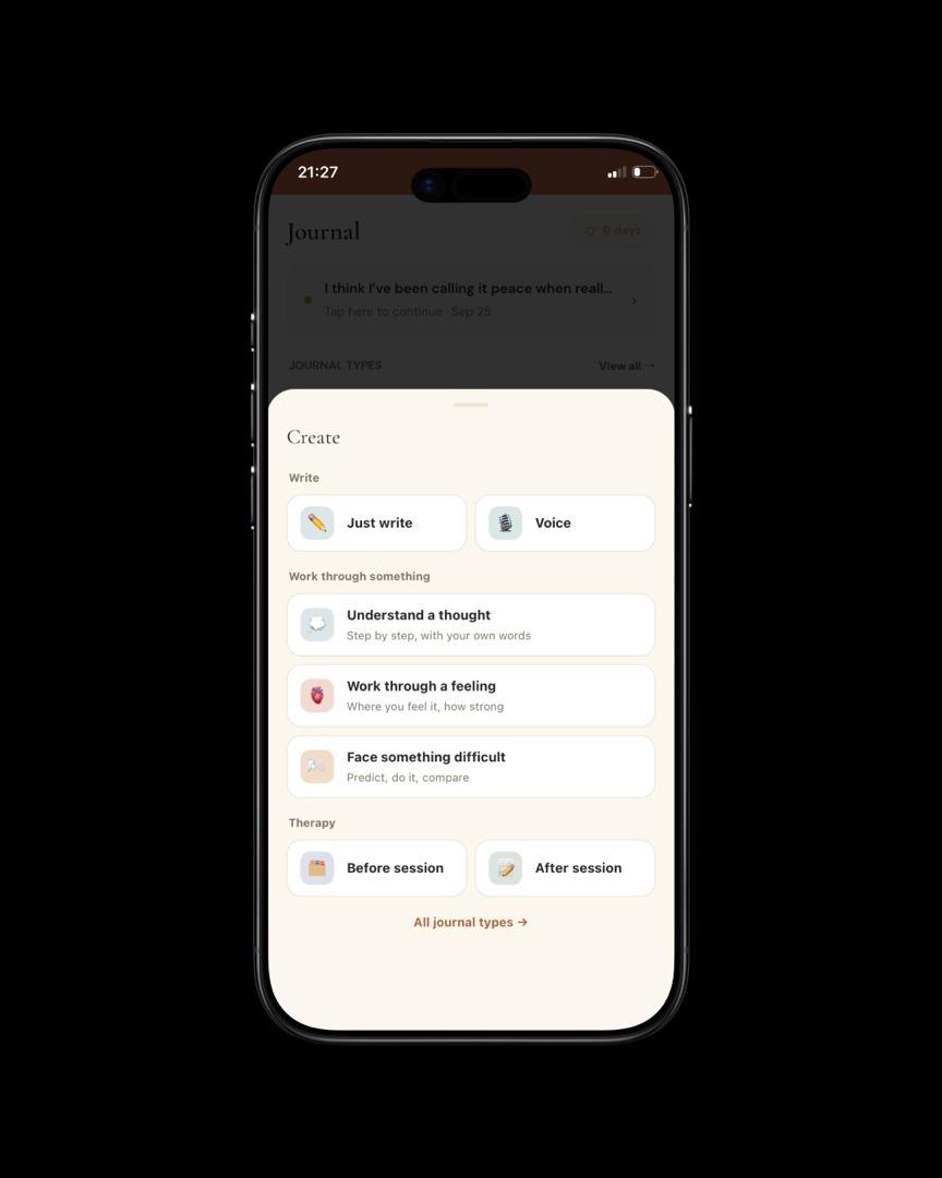 Symplia journal with writing, voice, reflection, and session options