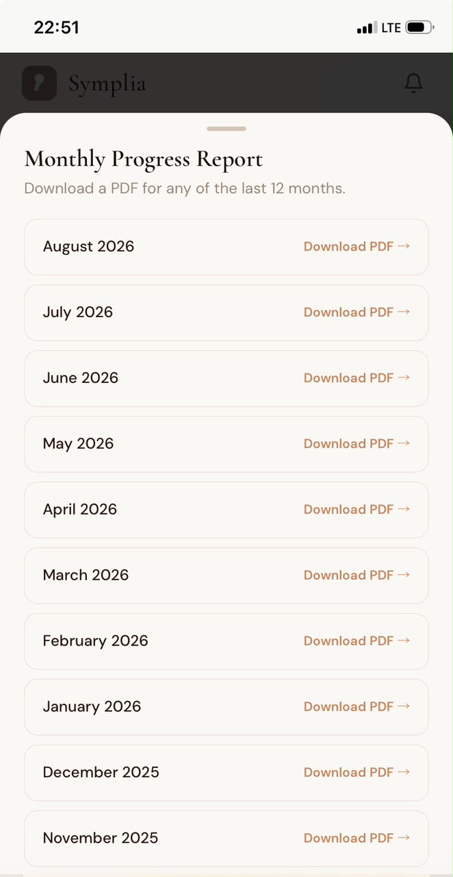 Symplia Monthly Progress Report with Download PDF options